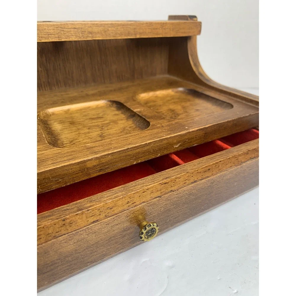 Vintage Wood Desk Organizer Valet Tray Red Felt Lined Jewelry Drawer Brown